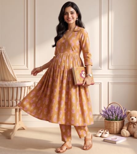 Image of DUMMY SHAPE Maternity Dresses for Women Cotton | Floral Kurta Pant Dupatta Set with Nursing Zippers, Side Pocket | Pre & Post Pregnancy | Feeding Kurti Suit | Baby Shower | Gifts for Pregnant Woman