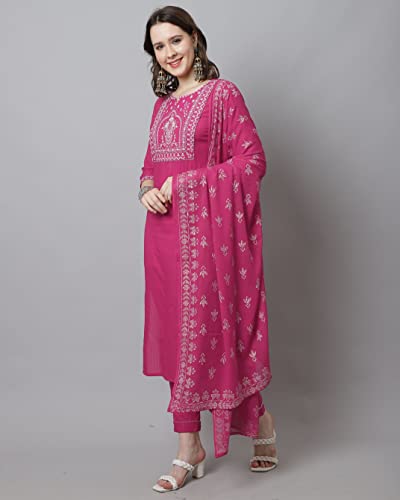 Image of Rajnandini Women's Pure Cotton Zari Weaving and Embroidered Kurta Set with Dupatta (JOPLVL299AB)
