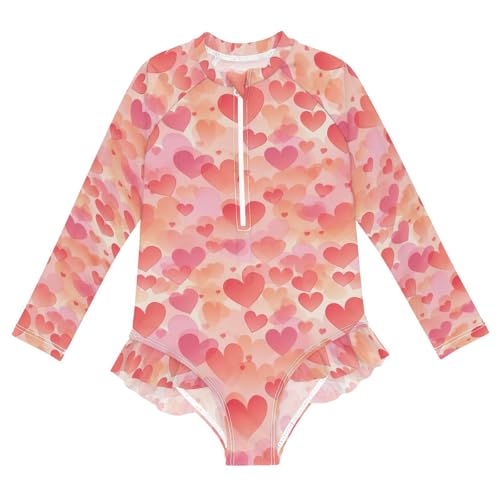 Colorful Hearts Valentine Girls Long Sleeve Swimsuit UPF 50+ Rashguard Swimwear One Piece Bathing Suit 21216740