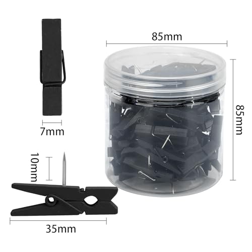 Senkary 60 Pieces Black Push Pins with Wooden Clips, Clothespin Pushpins Cute Decorative Thumb Tacks for Cork Board, Bulletin Board, Photos, Crafts, Classroom Office - Thumbnail 2