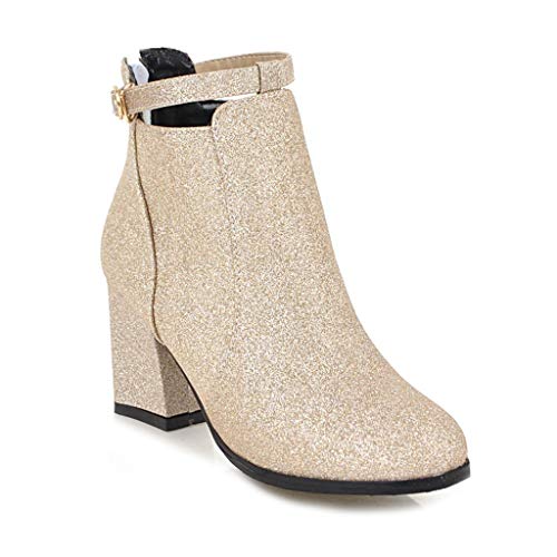 MIOKE Women's Fashion Glitter Dressy Ankle Boots Round Toe Buckle Zip Chunky High Heel Dressy Short Booties