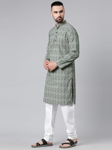 Image of Majestic Man Men's Cotton Regular Fit Casual Mandarin Collar Ethnic Motifs Printed Long Regular Kurta