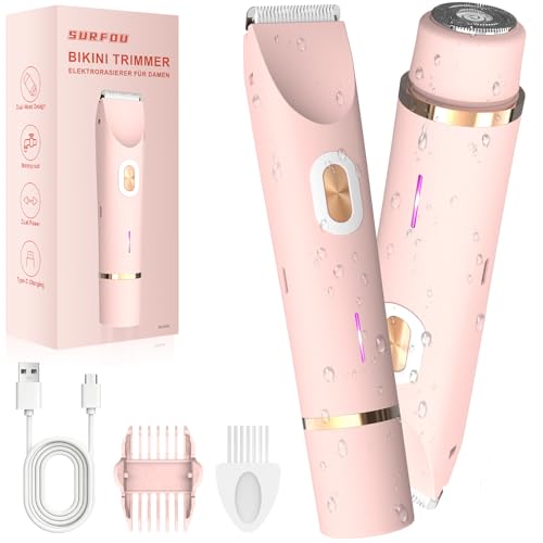 SURFOU Rasoir Electrique Femme 2 en 1, Tondeuse Intime et Visage, Rechargeable, Utilisation Humide et Sèche, IPX7 Étanche, Trimmer pour Bikini, Aisselles,...