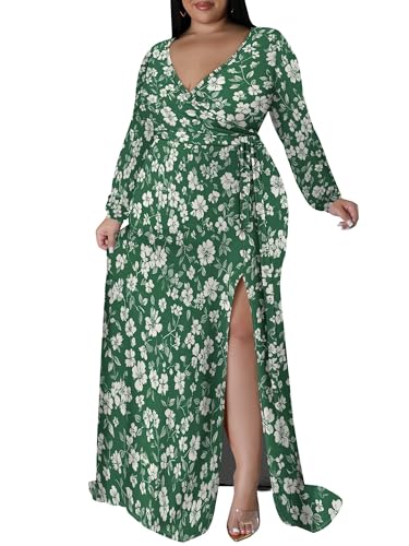 Image of PinkPatty Women's Plus Size Long Sleeve Maxi Dress Casual V Neck Slit Tie Waist Wrap Dresses for Party Cocktail