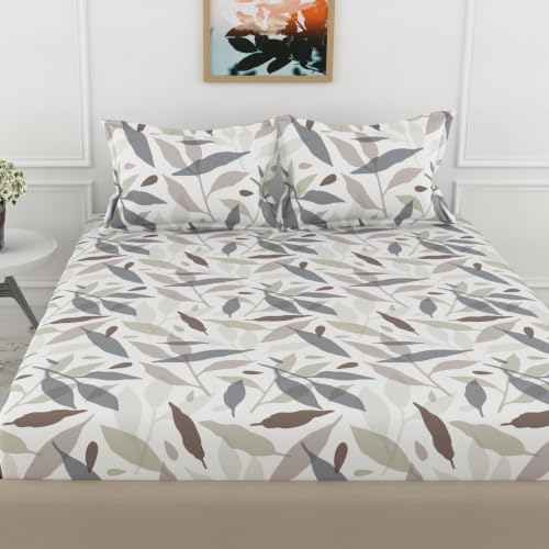 Image of LORETO - A QUALITY LINEN BRAND 210 TC 100% Pure Cotton Double /Queen Fitted Bedsheet with 2 Pillow Covers for 78 x 60 Inch Mattress, All-Around Elastic, 8 Inch Deep Pocket, Grey Leaf Whisper