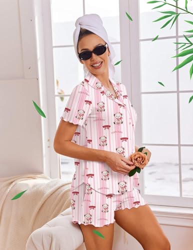 Image of Ekouaer Viscose from Bamboo Women Pajama Sets Button Up Cooling Pjs Short Sleeve Ruffle Sleepwear 2 Piece Lounge Shorts Set