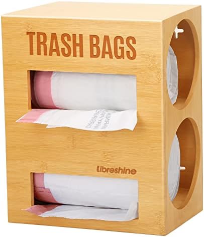 2 in 1 Trash Bag Dispenser Roll Holder 13 Gallon, Garbage Bag Storage Dispenser, Trash Bag Organizer Under Sink, Wall Mount Bamboo Garbage Bag Organizer for 2 Rolls of Plastic Bags