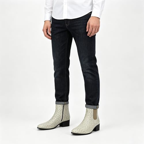 Image of Men'S Classic Leather Chunky Heel Chelsea Boots With Side Zipper Fashion Pointed Toe Elastic Band High Top Block High Heel Formal Chukka Booties For Casual Business Party Wedding