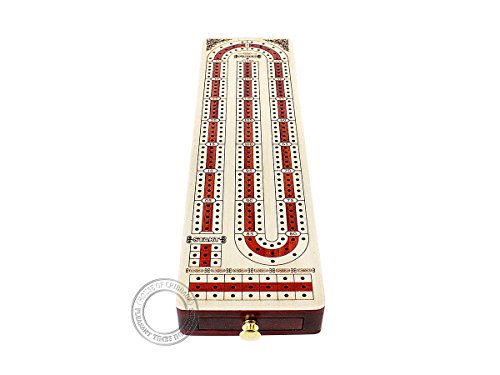 Continuous Cribbage Board Alphabet E Shape Inlaid In Maple And Bloodwood With Storage Drawer For Cribbage Pegs 12.4" - 3 Tracks - House Of Cribbage #TOP4