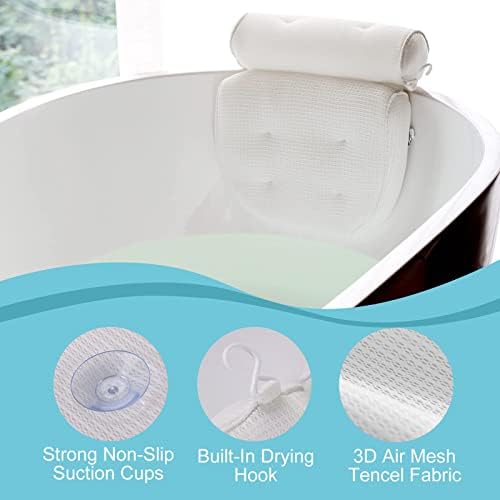 Idle Hippo Ergonomic bath headrest pillow with 6 Large Suction Cups Organic Tencel Luxury Spa Pillow Upgraded Technology Head, Neck, Back and Shoulder Support - Fits All Bathtub and Home Spa - White