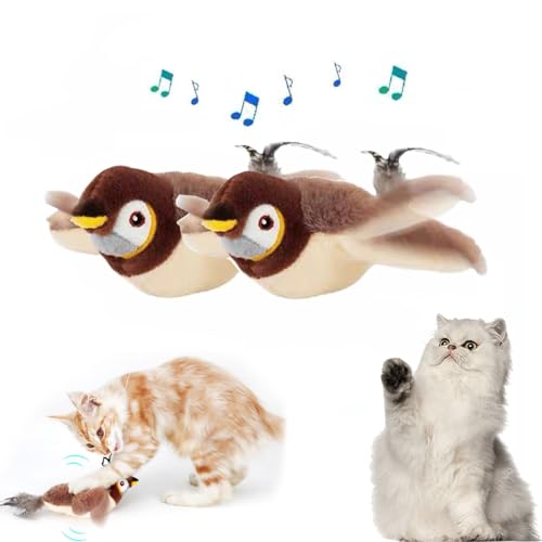 KLROSCAYI Flying Bird Cat Toy, 2025 New Flappy Bird Cat Toy Interactive Chirping Bird Cat Toy for Indoor Cats, Simulated Chirping Bird Cat Toy Flapping Wings - Sparrow*2pcs