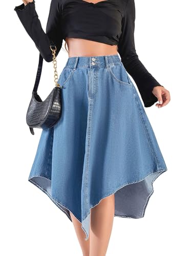 ebossy Women's Pleated Flowy Smocked Waist Handkerchief Hemline Denim Midi Skirts with Pockets