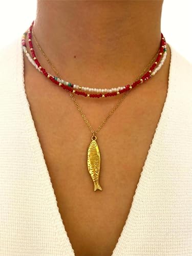 Fish Necklace, Gold Layered Beach Summer Y2k Pendant Necklaces Beachy Choker Beaded Charm Non Tarnish Statement Dainty Stack Stainless Steel Anniversary Holiday Jewelry Gift2