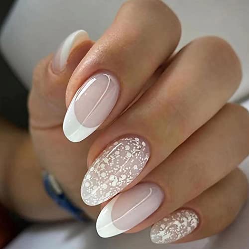 Handcess Uñas postizas francesas ovaladas, cortas, brillantes, a presión, acrílicas, color nude, 24 unidades, para mujeres y niñas