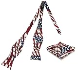 CHEIVEMENG Mens Self-Tied American Flag Bow Tie and Pocket Square Sets Satin Silk USA Patriotic Bowties for Men with Gift Box