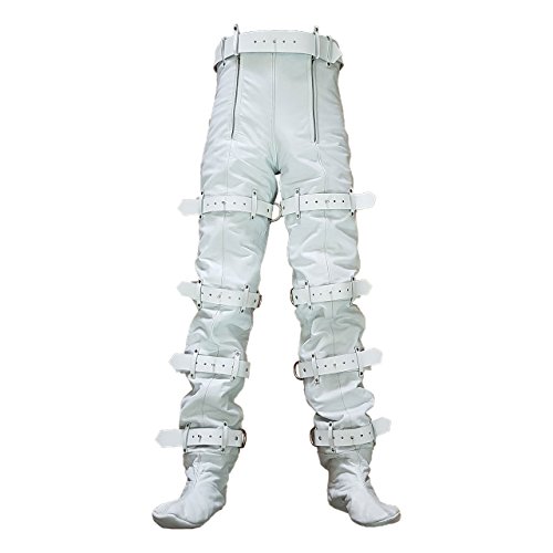 Men Real White Leather Locking Bondage Chastity Jeans with Rear Zip BLUF