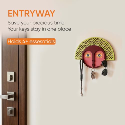 Image of AAKRITI ART CREATIONS Key Holder, Isabella Tiki Mask Key Hanger | Rustic Wooden Wall Organizer with 5 Hooks | New Home Gifts | Multifunctional Entryway Decor Item