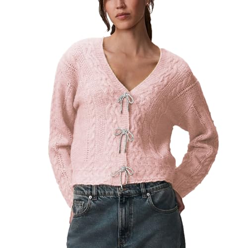 Image of Women Y2K Solid Color Knit Cardigan Long Sleeve V Neck Bow Button Open Front Sweater Top Vintage Going Out Knitwear