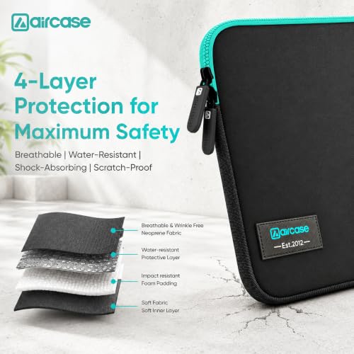 Image of AirCase 4-Layer Neoprene Laptop Sleeve for 13.5-14.1 Inch Laptops | Slim Wrinkle-Free Case | Water-Resistant, Shockproof, Scratch-Proof | TSA Friendly | YKK Zipper | Black-Green