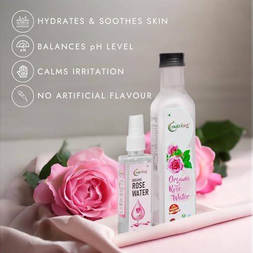 Image of Nutriorg Organic Rose Water | 100% Pure Gulab Jal for Face, Skin & Hair | Skin Toner, Makeup Remover, & Hydration | Alcohol & Paraben-Free | For All Skin Types | 250ml X 2