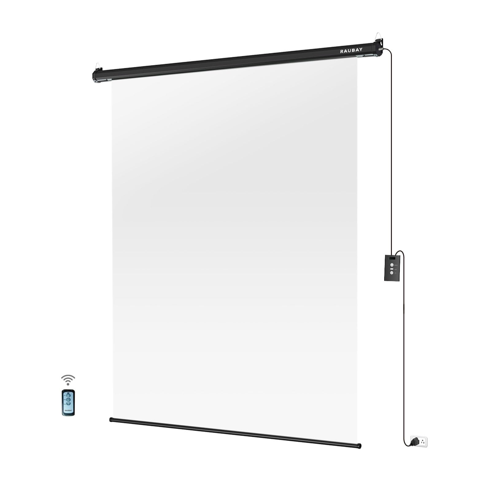 RAUBAY Motorized Pull Down White Screen Backdrop - 59.8" x 86.6" Collapsible Wall-Mount Background for Professional Video Production, Photography Studio, Video Conferencing and YouTube, TikTok Creator