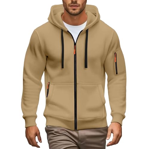 Sweat à capuche zippé pour homme avec poche et manches longues en polaire coupe ajustée, kaki, XL