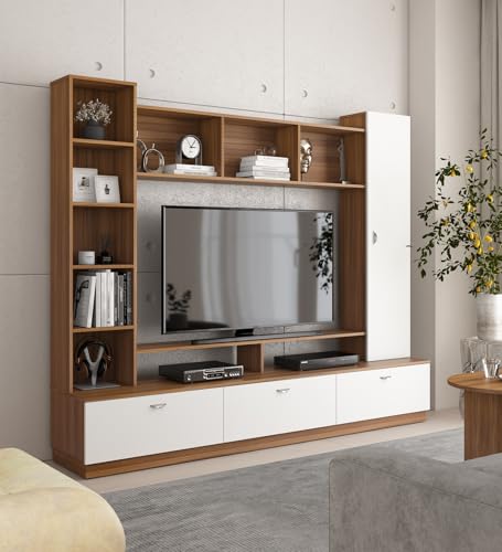 Image of Zenvy TV Unit | Engineered Wood | TV Unit with Closed & Open Shelves Storage | Exotic Teak & Frosty White Finish | Knock Down | 36 Months Warranty