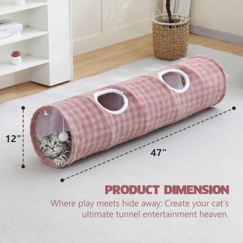 Image of Straight Bubble Cat Tunnel for Indoor Cats 47 inchx12 inch, Dusty Pink | Cute Cat Toys, Collapsible Tunnel Tube with Hanging Balls for Puppy Kitten Rabbit