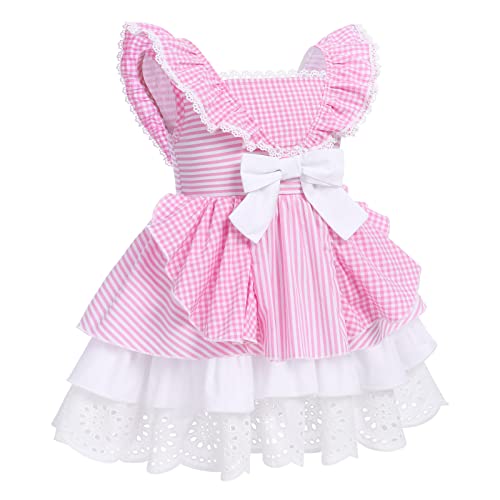 Baby Girl Plaid Dresses Toddler Summer Square Neck Plaid Dress Vintage Gingham Smocked Dress Newborn Baby Ruffle Lace Sundress Birthday Party Gingham Dresses Outfits Pink Plaid 2-3 Years #TOP4