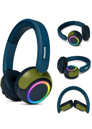 Philips Kids Wireless Headphones Volume Limited for Safe Listening 45 Hour Battery Audio Sharing LED Lights On-Ear Foldable Crystal Teal TAK4200CT