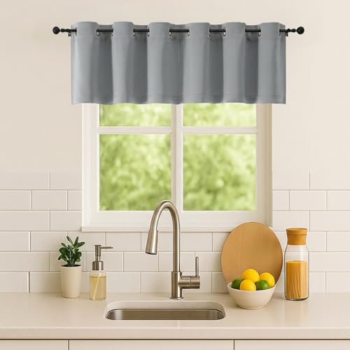 Image of Simplebrand Silver Grey Kitchen Valances for Windows 18 Inches Long 2 pack, Room Darkening Window Valances for Living Room, Grommet Short Straight Drape Kitchen Curtains for Bedroom Kids Room, 40Wx18L