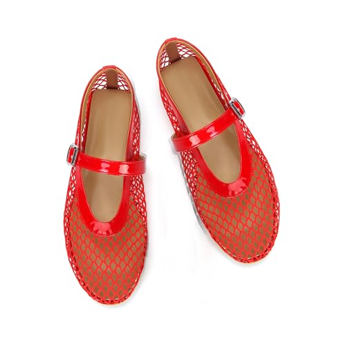 Image of DOEYG Mesh Ballet Flats for Women Buckle Strap Comfy Casual Office Fishnet Ballerina Flat Shoes