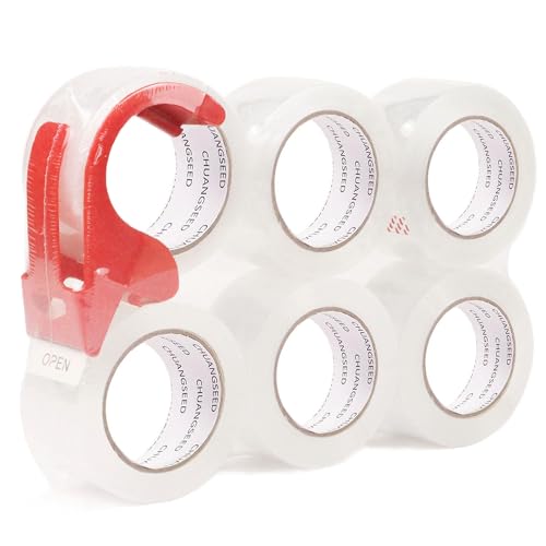 CHUANGSEED Lot de 6 rouleaux Ruban adhésif transparent pour l'emballage de cartons,Ruban industriel transparent 48mmX66m,Expédition et scellement des colis, le ruban...