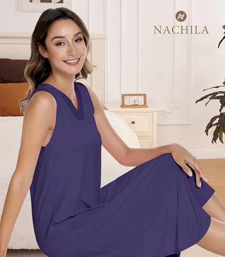 Image of NACHILA Women's Nightgowns-Viscose Made from Bamboo,Sleeveless Tank Night Gown Crew Neck Sleep Dress Cool Sleepshirts