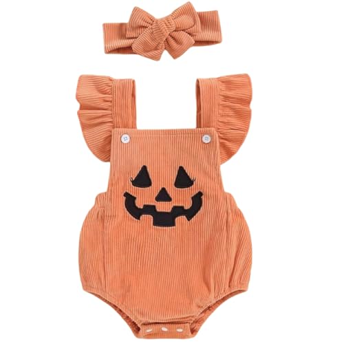 Yaopelky Baby Halloween Costume pagliaccetto neonato carino zucca scheletro abbigliamento maniche a balze tuta in velluto a coste con fascia (arancione, 6-12...
