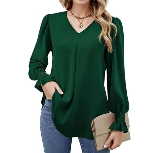 Womens Long Sleeve T Shirts to Wear with Leggings V-Neck Ruffle Blouses Casual Solid Color Trendy Tops 2024