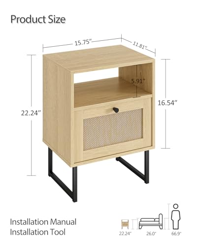 Image of Masupu Rattan Nightstand,Modern Boho Farmhouse Wood Bedside Table with Storage Drawer and Open Shelf,Small Black Frame Side End Table for Bedroom,Living Room,Office (Natural)