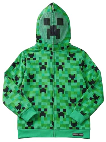 Minecraft Creeper Hoodie for Kids Green Pixel Camo Zip-Up Fleece Jacket with Creeper Face Mask Boys & Girls Costume Jacket Juvy 7 yrs