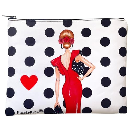 Neceser Granada Flamenca “Manuela Rojo” – Diseño a Doble Cara – Fondo Blanco con Lunares Negros – 22x17 cm – Impermeable – Bolso de Aseo Mujer o Viaje