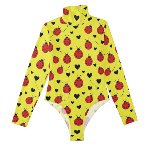 Body de manga larga para mujer con estampado de mariquitas amarillas y cuello alto elegante