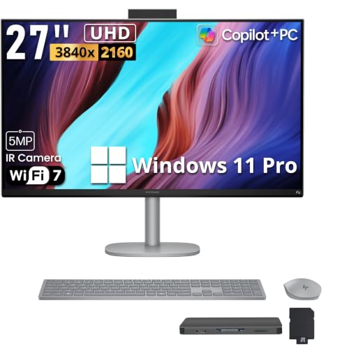 Image of HP OmniStudio X 27 inch 4K UHD All-in-One Desktop, Intel Ultra 7 256V, 16GB RAM, 3TB Storage(2TB SSD+1TB Docking Station), Intel Arc Graphics, Keyboard & Mouse, Adjustable Height, Win 11 Pro, Silver
