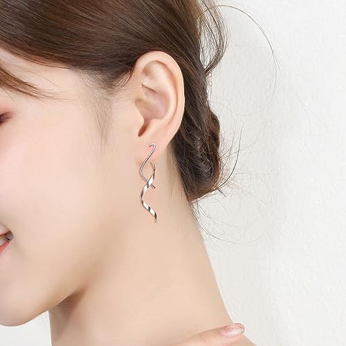 Kwuncci Spiral Threader Earrings, 18G Handmade Stainless Steel Earrings For Women, Twisted Linear Curved Pull Through Earrings Silver Gold Drop Dangle Earrings Jewelry For Women #TOP6