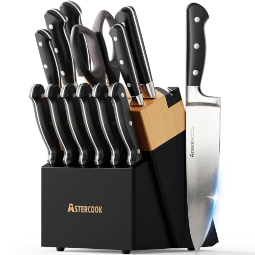 Image of Astercook Kitchen Knife Set Full Tang with Block and Sharpener Elegant