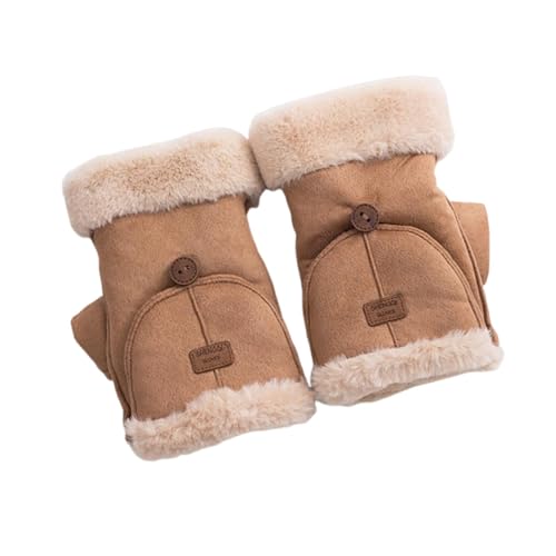 Women's Thermal Fingerless Gloves Convertible Flip Top Mittens for Cold Weather Outdoor Activities, Khaki4