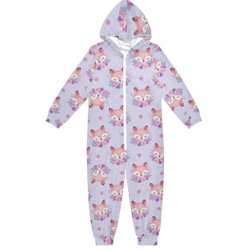 Mameluco unisex con capucha para niños, disfraz de una pieza, para Navidad, Halloween, cosplay, para niñas y niños, Lindo zorro pastel lila, 13-14 años