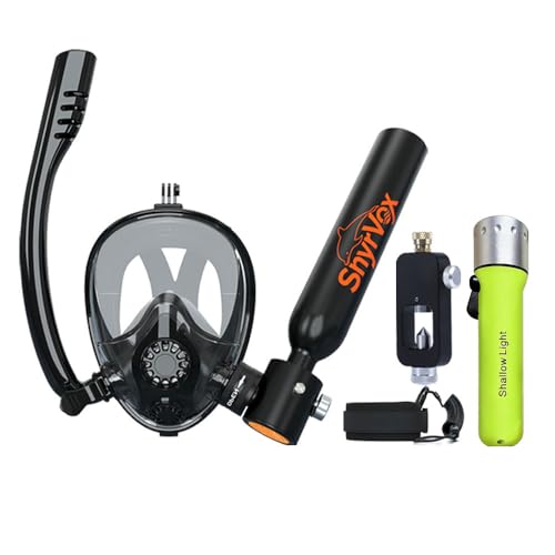 Portable Lung Tank Mini Scuba Diving Tank with Full Face Mask 0.5L 3000 PSI Underwater Breathing Device 6-10 Mins for Snorkeling Complete Kit with Adapter and Air Pump (Black)