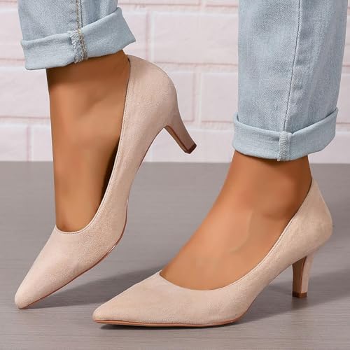 Women's Kitten Heels Dress Shoes Pointed Toe Suede Pumps Mid Heel Comfortable Slip On Party Dress Shoes2