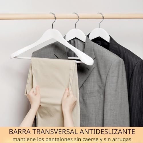 Miniatura 4 de Amber Home 10 Unidades 44,5cm Perchas De Madera Blanco Con Hombros Anchos, Lujosa Y Robusta Percha Para Ropa Exterior Abrigos Trajes Chaquetas Con Varilla Redonda Antideslizante