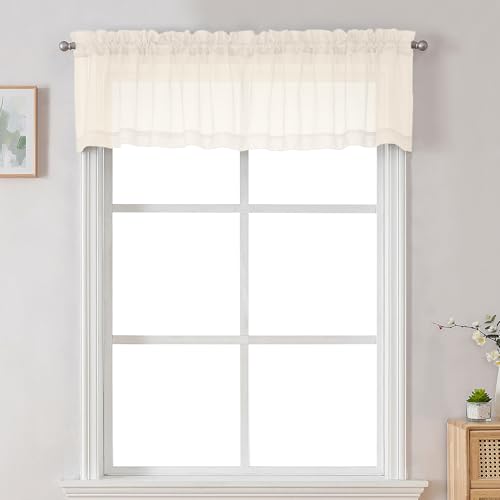 Image of Chyhomenyc Sheer Cream Valances for Windows 2 Pack, Small Window Curtains for Living Room Bathroom Cafe Laundry Basement, Modern Top Dual Rod Pocket Voile Curtain, 42W x 18L inches, Cream