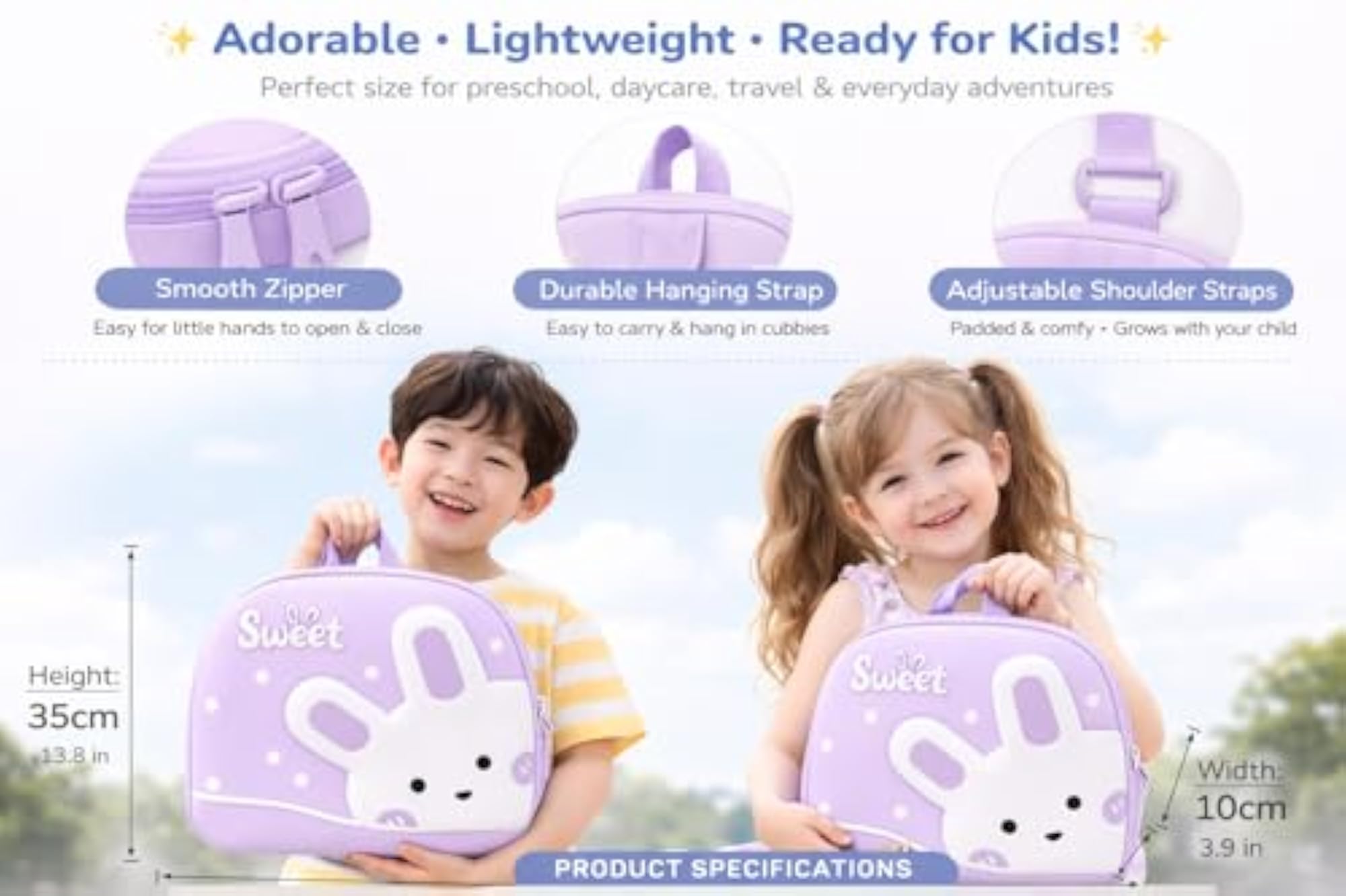 Cute Bunny Kids Backpack, Lightweight EVA School Bag